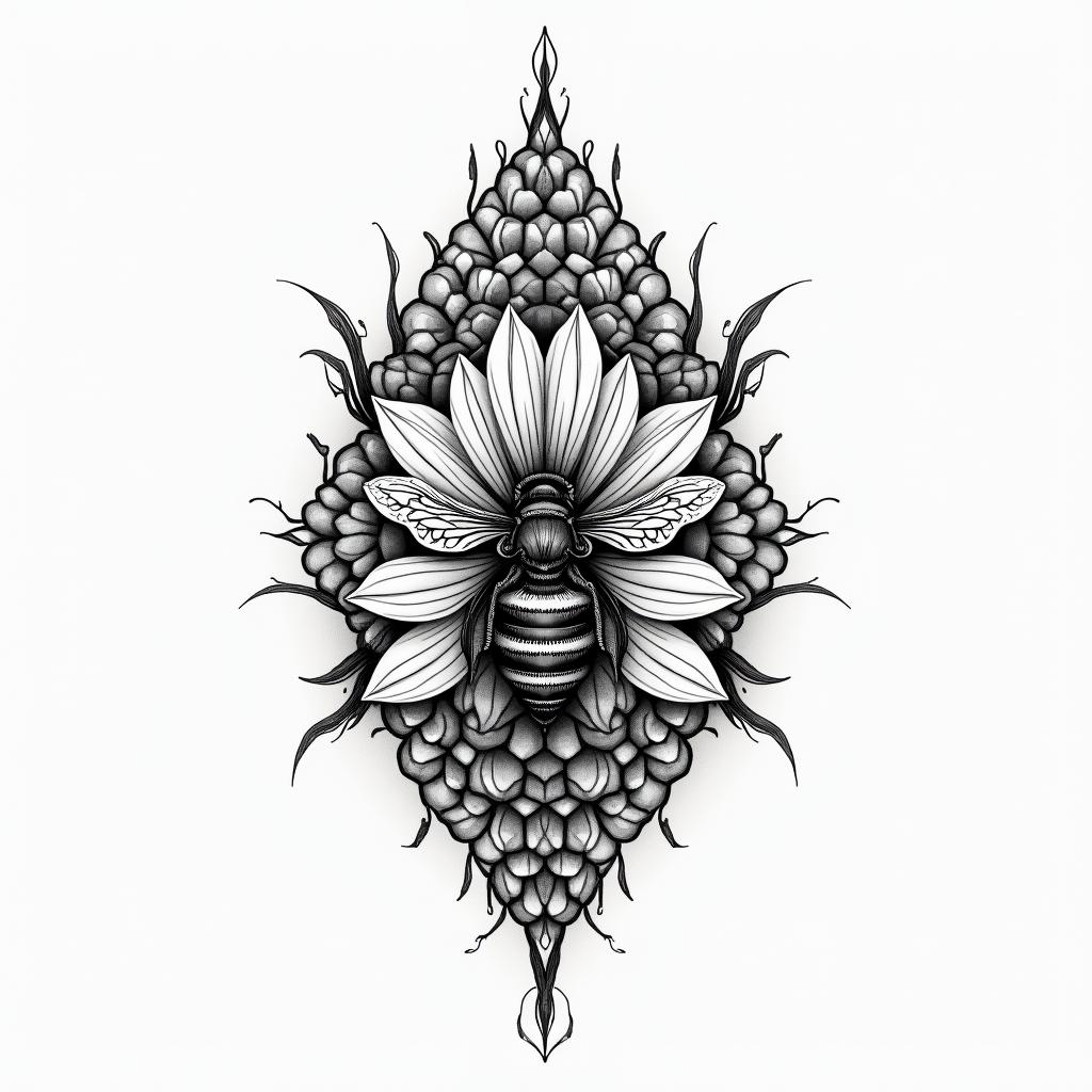 Bees on hive with gladiolus and poppy flower in geometric style tattoo, blending hexagons, mandala-inspired patterns, symmetrical and fractal design, clean lines, sharp angles - Variation 2