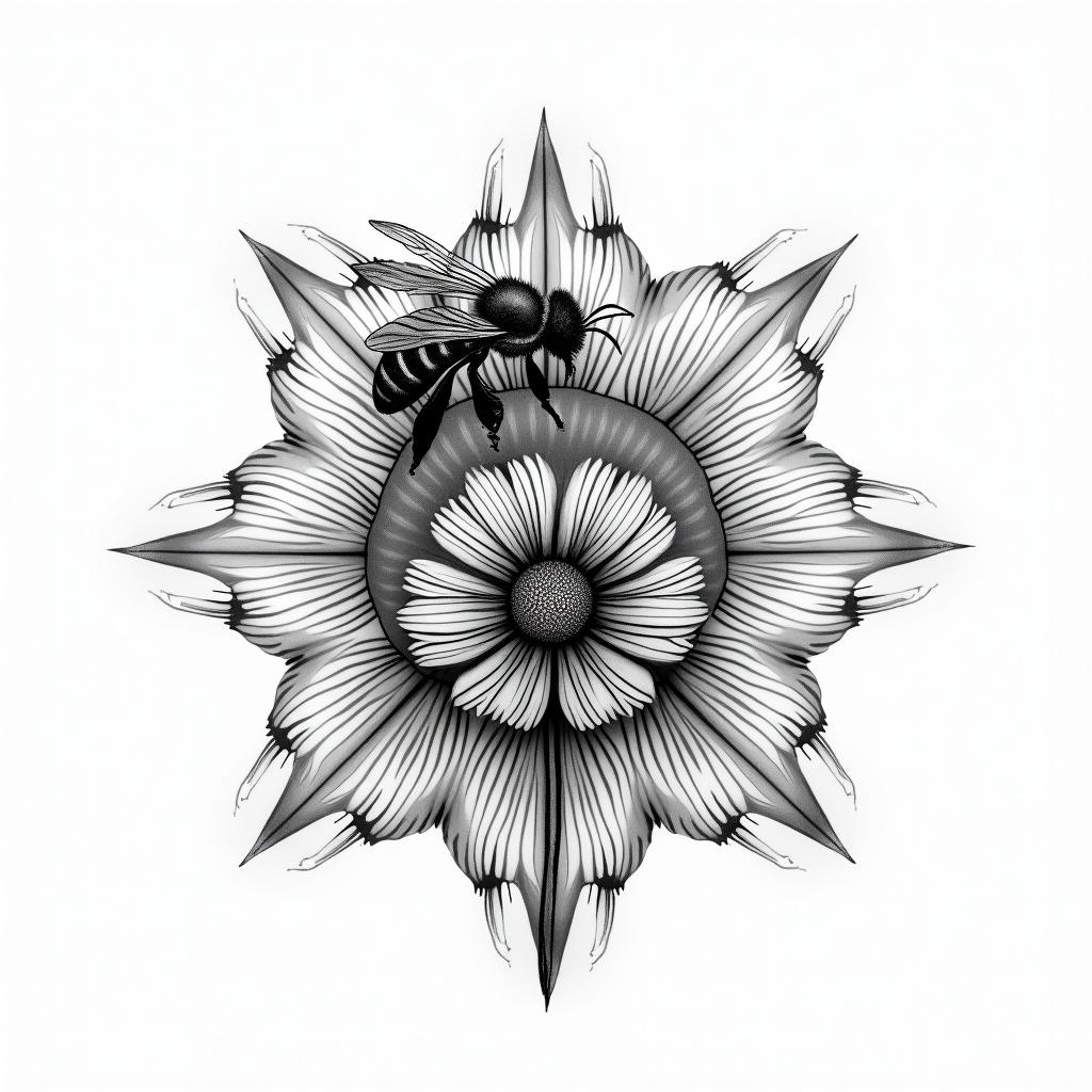 Bees on hive with gladiolus and poppy flower in geometric style tattoo, blending hexagons, mandala-inspired patterns, symmetrical and fractal design, clean lines, sharp angles - Variation 3