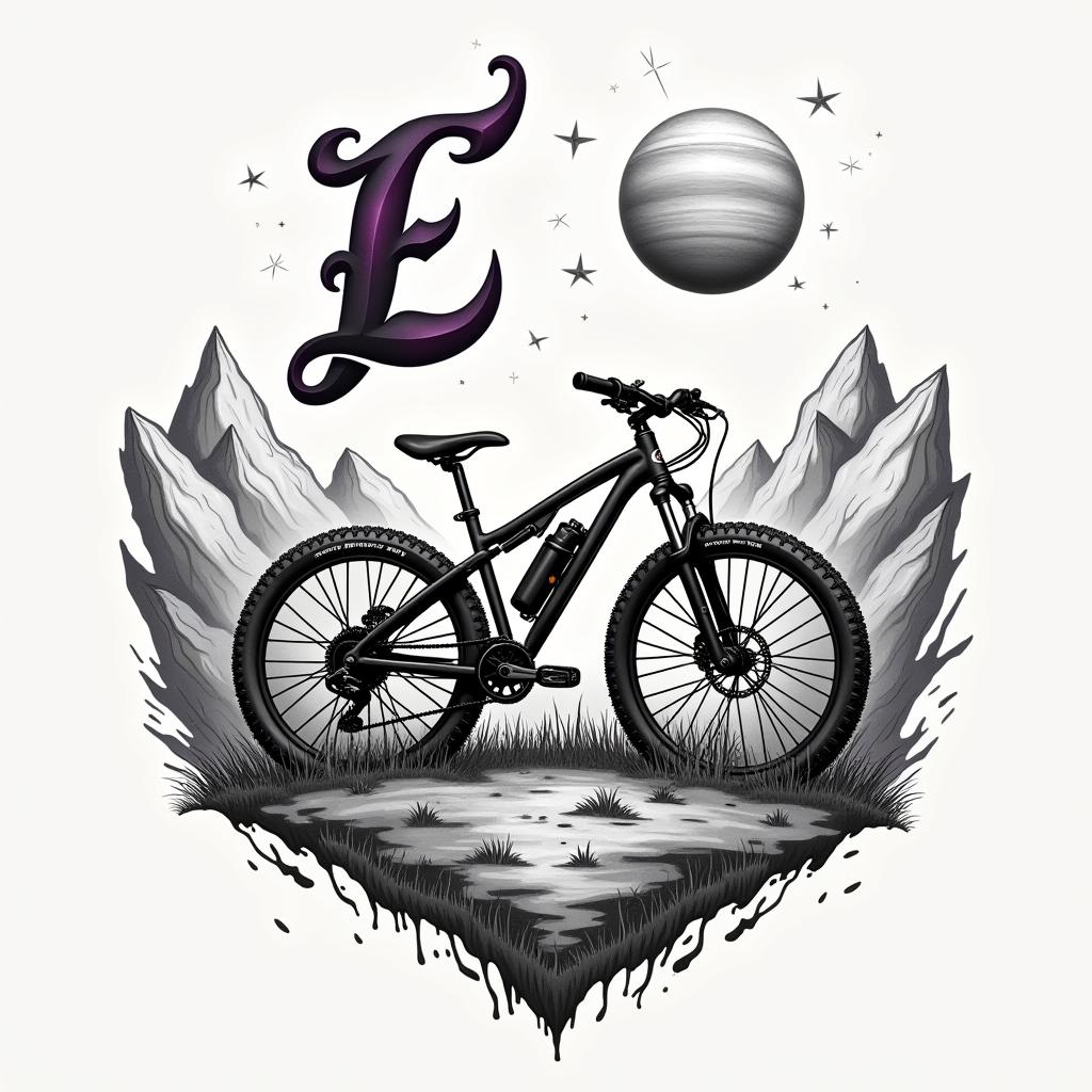 A detailed abstract mountain bike with the planet Saturn above it, symbolizing lost dreams of children with a beloved, surrounded by mountains and a cursive letter 'E' in purple and black colors in the sky, evoking feelings of love and hope.higly detailed tattoo - Variation 17