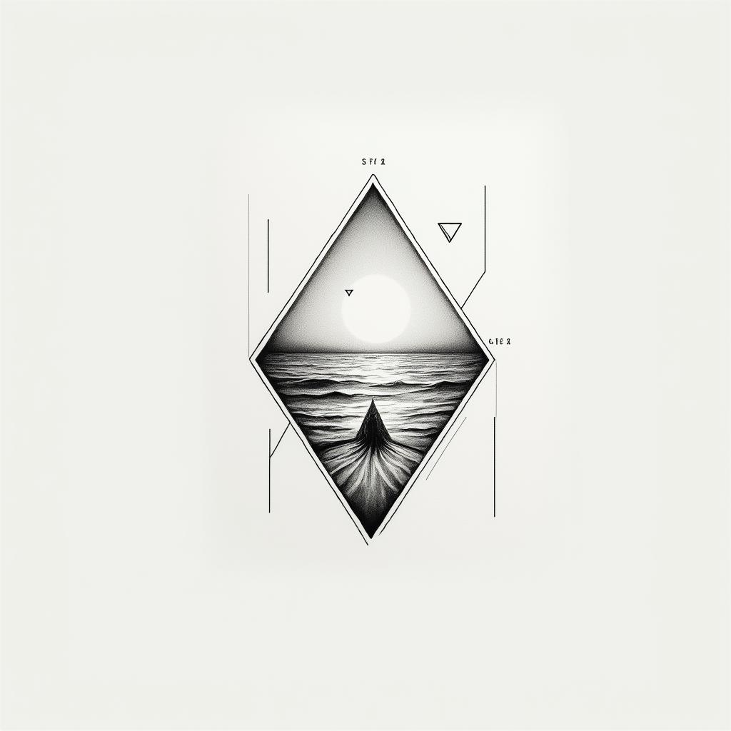 Inspired  tattoo by my 3 sons, travel, beach, freedom, love and a worrior womanin minimalist style tattoo, featuring simple shapes and fine lines, with minimal shading and details, tiny triangles, creating a sense of balance and harmony - Variation 2