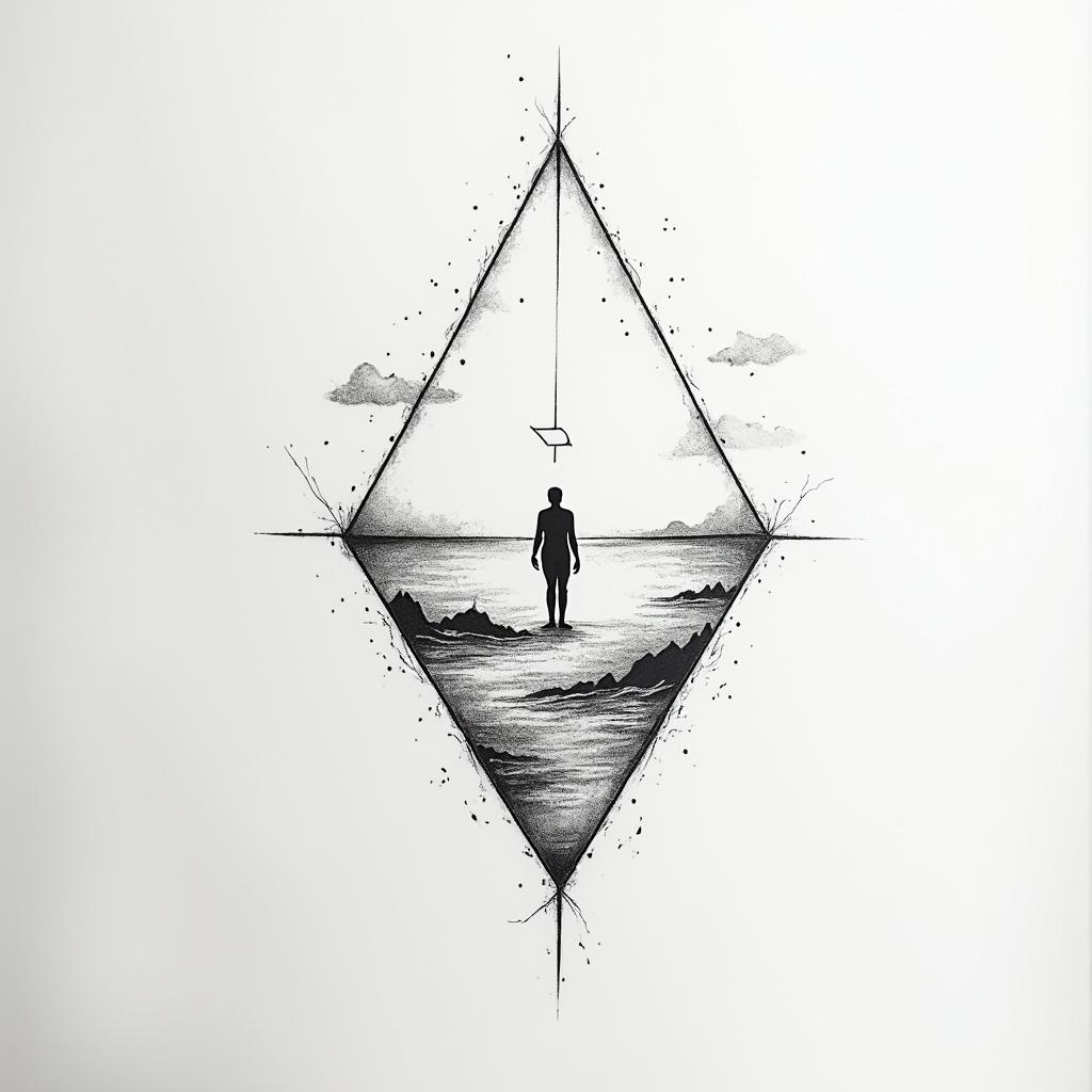Inspired tattoo by my 3 sons, travel, beach, freedom, love and a worrior womanin minimalist style tattoo, featuring simple shapes and fine lines, with minimal shading and details, tiny triangles, creating a sense of balance and harmony
