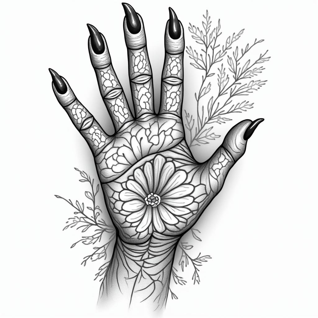 Dog paw reaching for woman’s hand like creation of Adamin ornamental tattoo style, featuring intricate symmetrical patterns and floral designs, showcasing highly detailed line work and geometric shapes, creating a sense of elegance and balance - Variation 4