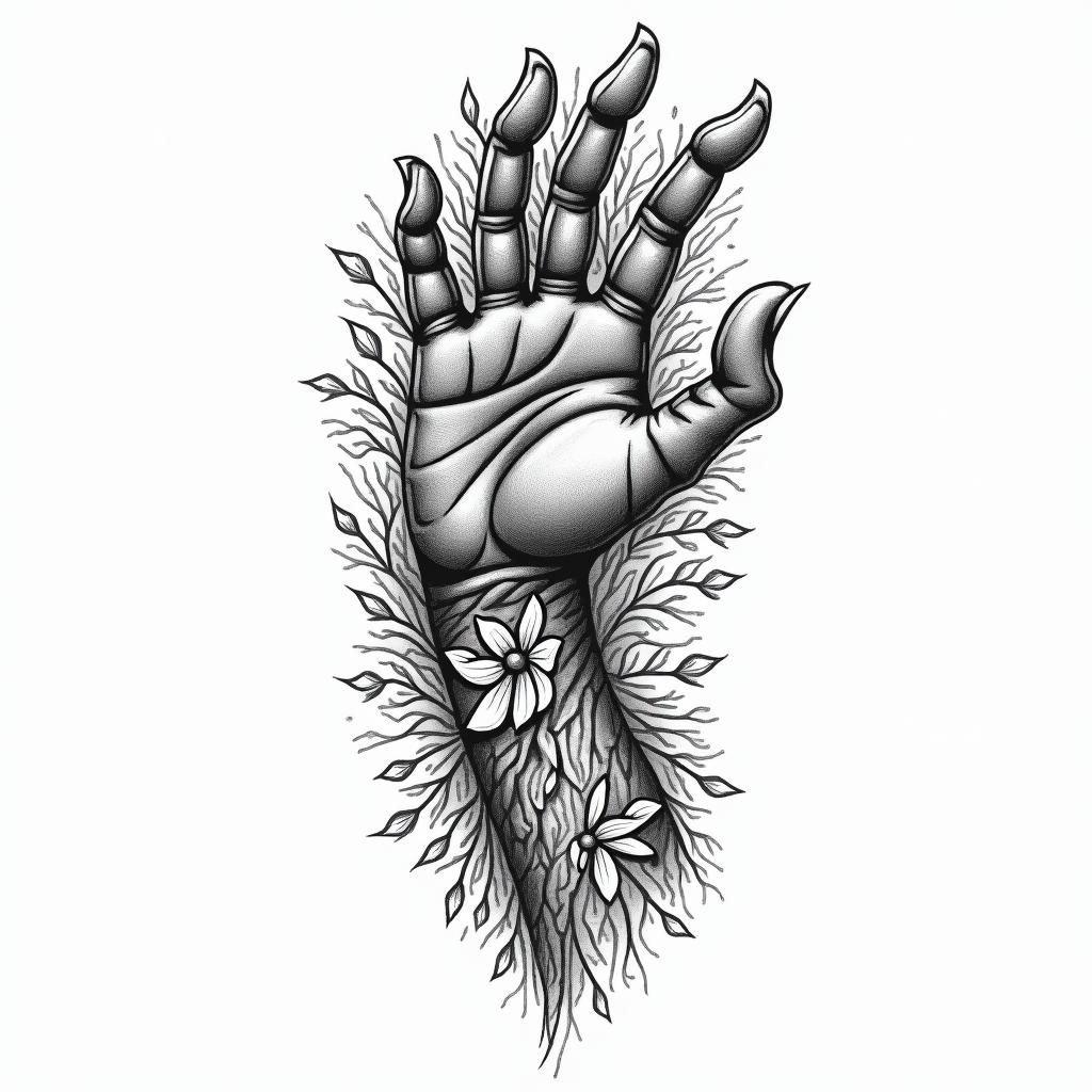 Dog paw reaching for woman’s hand like creation of Adamin ornamental tattoo style, featuring intricate symmetrical patterns and floral designs, showcasing highly detailed line work and geometric shapes, creating a sense of elegance and balance - Variation 3