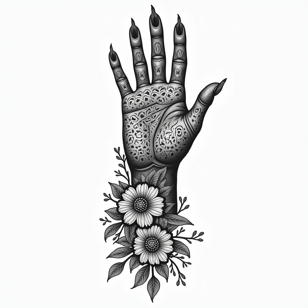 Dog paw reaching for woman’s hand like creation of Adamin ornamental tattoo style, featuring intricate symmetrical patterns and floral designs, showcasing highly detailed line work and geometric shapes, creating a sense of elegance and balance
