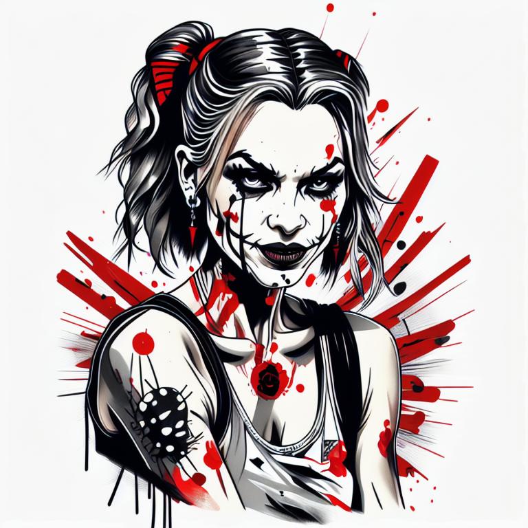 trash polka tattoo style, showcasing bold black and red ink with dynamic brush strokes and splatters. Incorporates abstract elements and expressive, chaotic lines on a solid white background. Detailed design with a high-contrast soft colored near white toned look, blending realism and abstraction to create an intense visual impactundefined - Variation 31