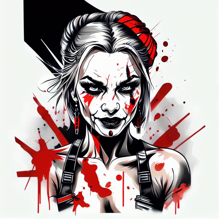 trash polka tattoo style, showcasing bold black and red ink with dynamic brush strokes and splatters. Incorporates abstract elements and expressive, chaotic lines on a solid white background. Detailed design with a high-contrast soft colored near white toned look, blending realism and abstraction to create an intense visual impactundefined - Variation 29