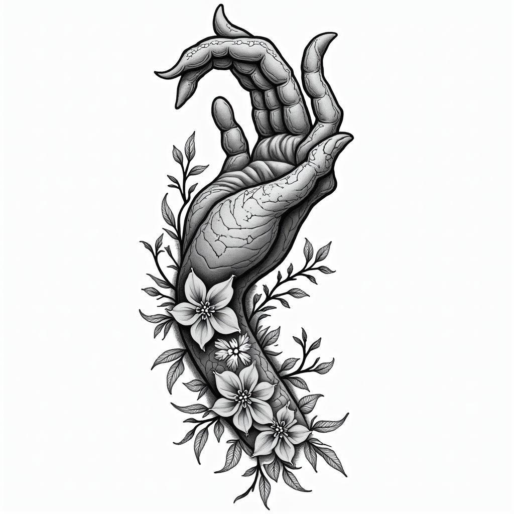 Dog paw reaching for woman’s hand like creation of Adamin ornamental tattoo style, featuring intricate symmetrical patterns and floral designs, showcasing highly detailed line work and geometric shapes, creating a sense of elegance and balance - Variation 2