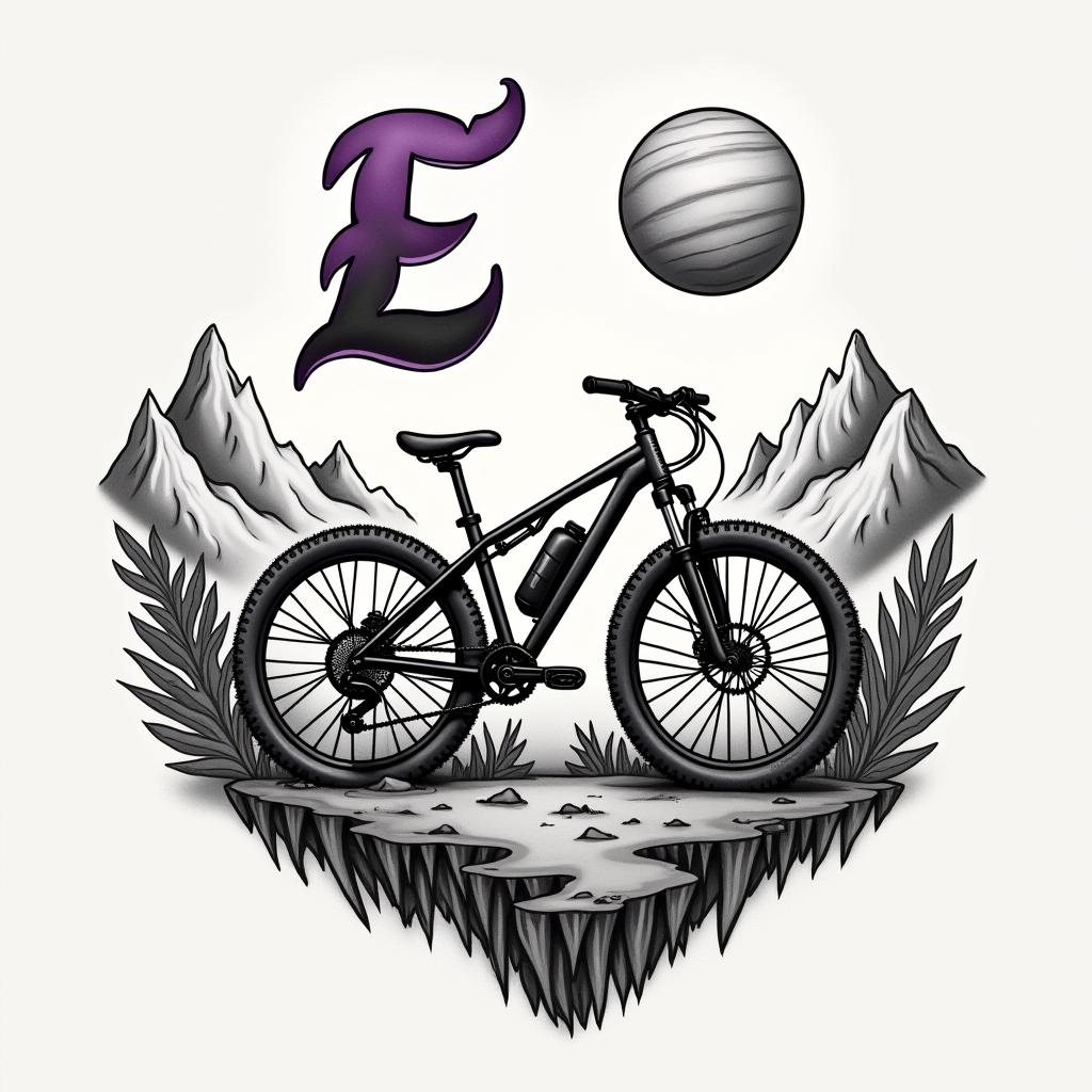 A detailed abstract mountain bike with the planet Saturn above it, symbolizing lost dreams of children with a beloved, surrounded by mountains and a cursive letter 'E' in purple and black colors in the sky, evoking feelings of love and hope.higly detailed tattoo - Variation 13