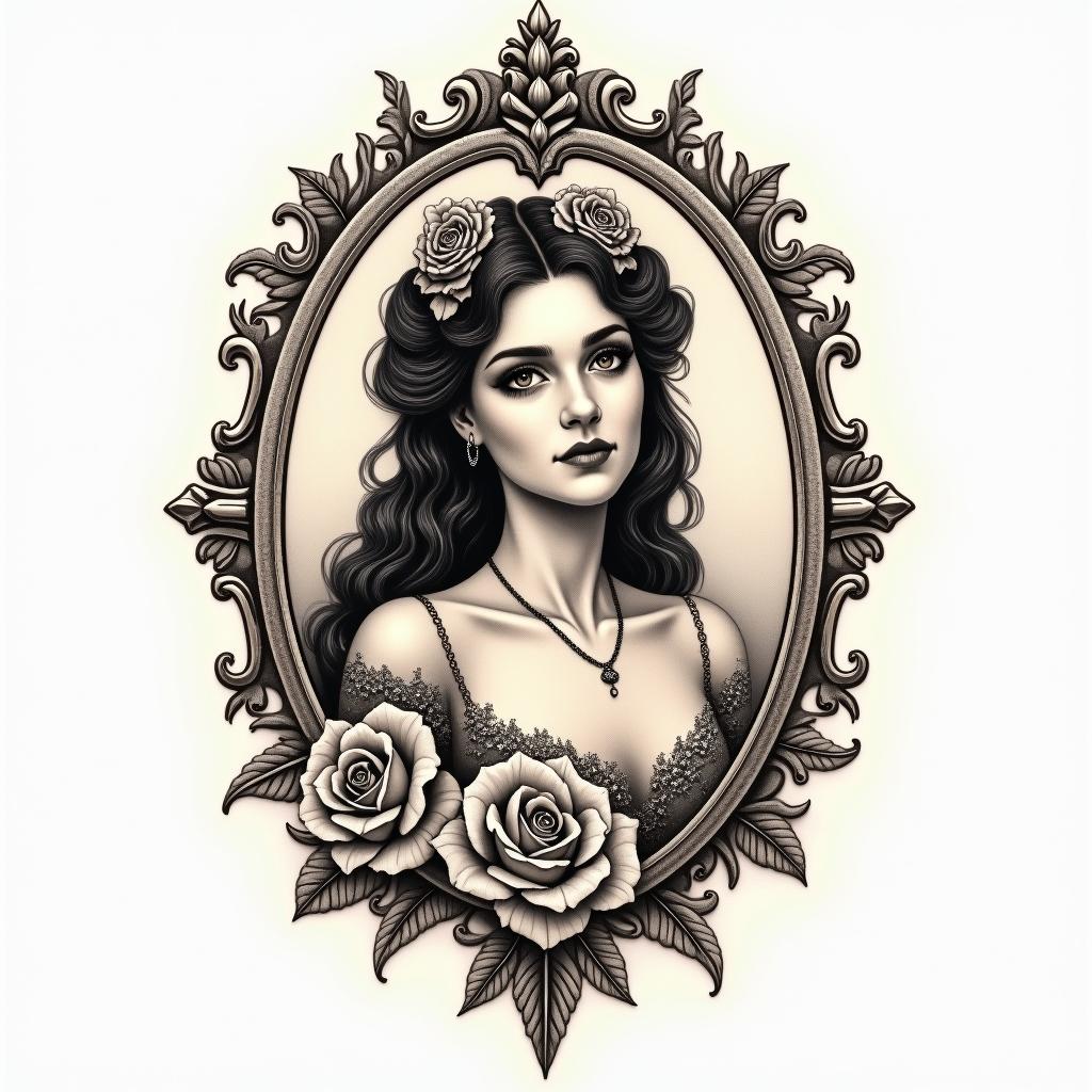 Love Herminein victorian style tattoo, featuring vintage and elegant elements, ornate frames, roses, antique, sepia-toned color scheme - Variation 2