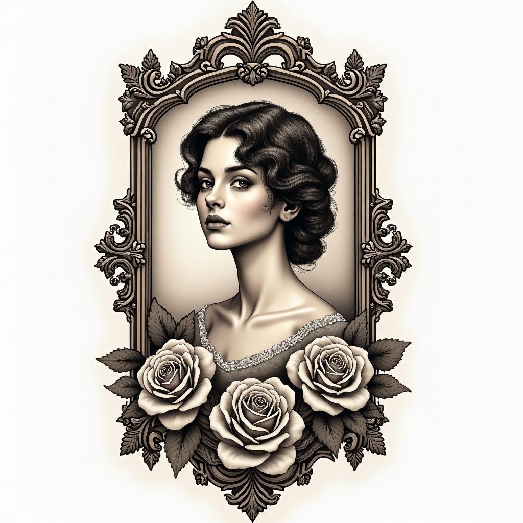 Love Herminein victorian style tattoo, featuring vintage and elegant elements, ornate frames, roses, antique, sepia-toned color scheme