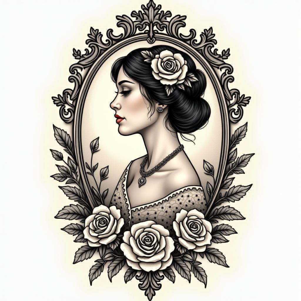 Love Herminein victorian style tattoo, featuring vintage and elegant elements, ornate frames, roses, antique, sepia-toned color scheme - Variation 4
