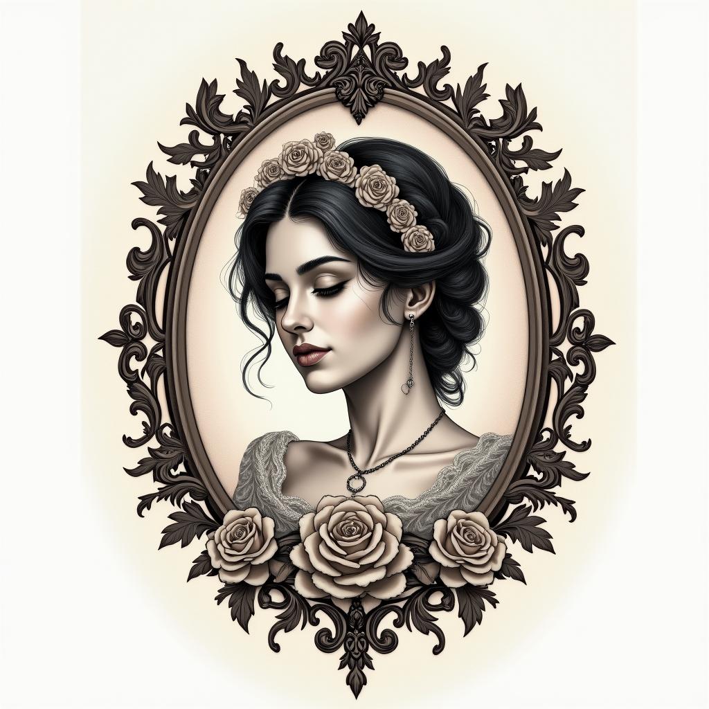 Love Herminein victorian style tattoo, featuring vintage and elegant elements, ornate frames, roses, antique, sepia-toned color scheme - Variation 3