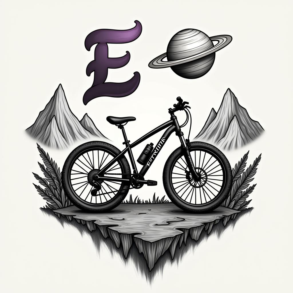 A detailed abstract mountain bike with the planet Saturn above it, symbolizing lost dreams of children with a beloved, surrounded by mountains and a cursive letter 'E' in purple and black colors in the sky, evoking feelings of love and hope.higly detailed tattoo - Variation 9