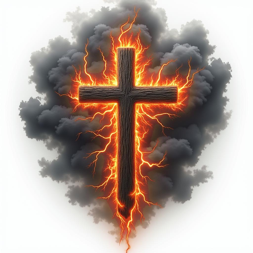 Dark clouds with lightning around a crossin flame tattoo style showcasing fiery elements with dynamic flame patterns, glowing effect of flames, natural colors - Variation 4