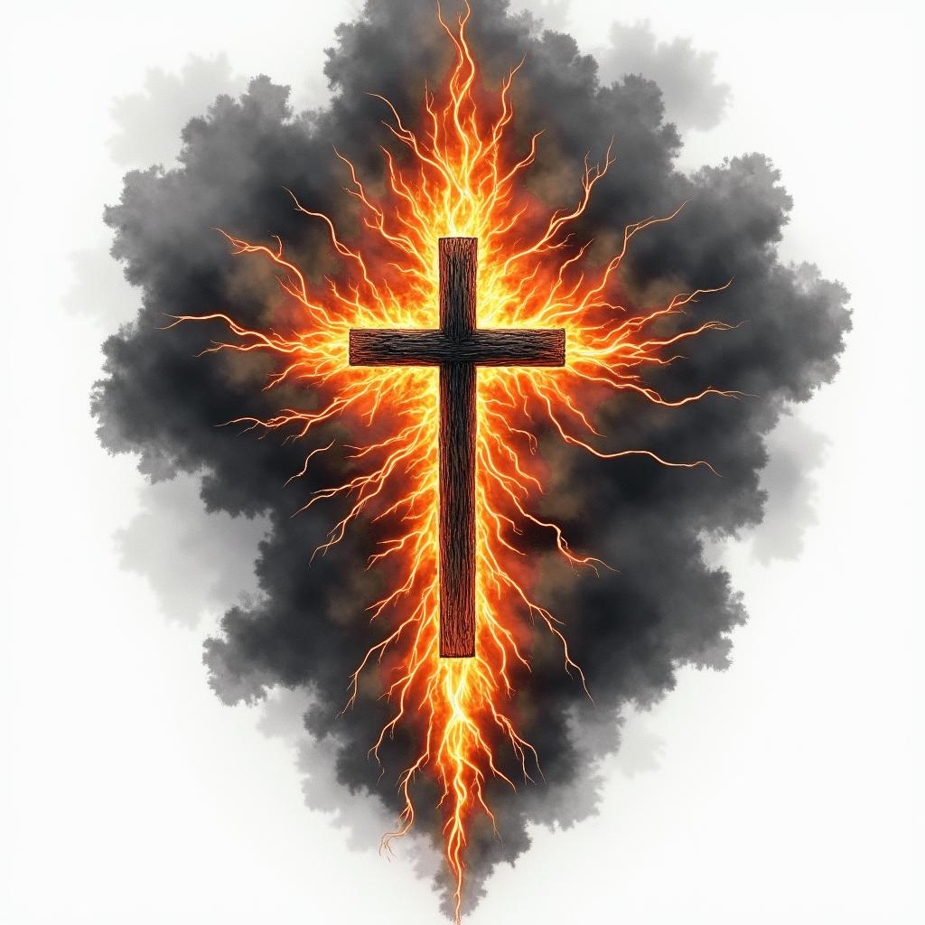 Dark clouds with lightning around a crossin flame tattoo style showcasing fiery elements with dynamic flame patterns, glowing effect of flames, natural colors - Variation 2