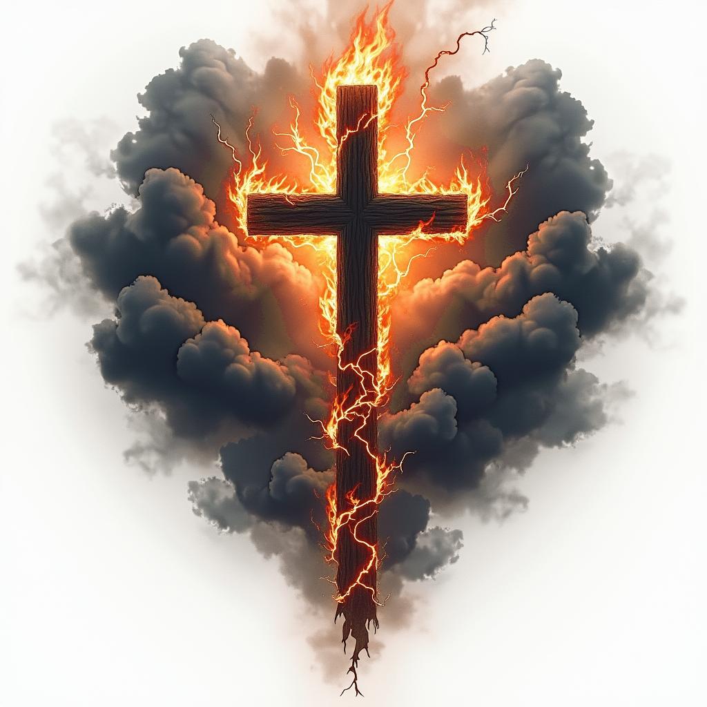 Dark clouds with lightning around a crossin flame tattoo style showcasing fiery elements with dynamic flame patterns, glowing effect of flames, natural colors