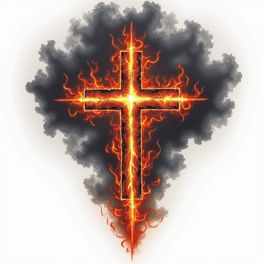 Dark clouds with lightning around a crossin flame tattoo style showcasing fiery elements with dynamic flame patterns, glowing effect of flames, natural colors - Variation 3