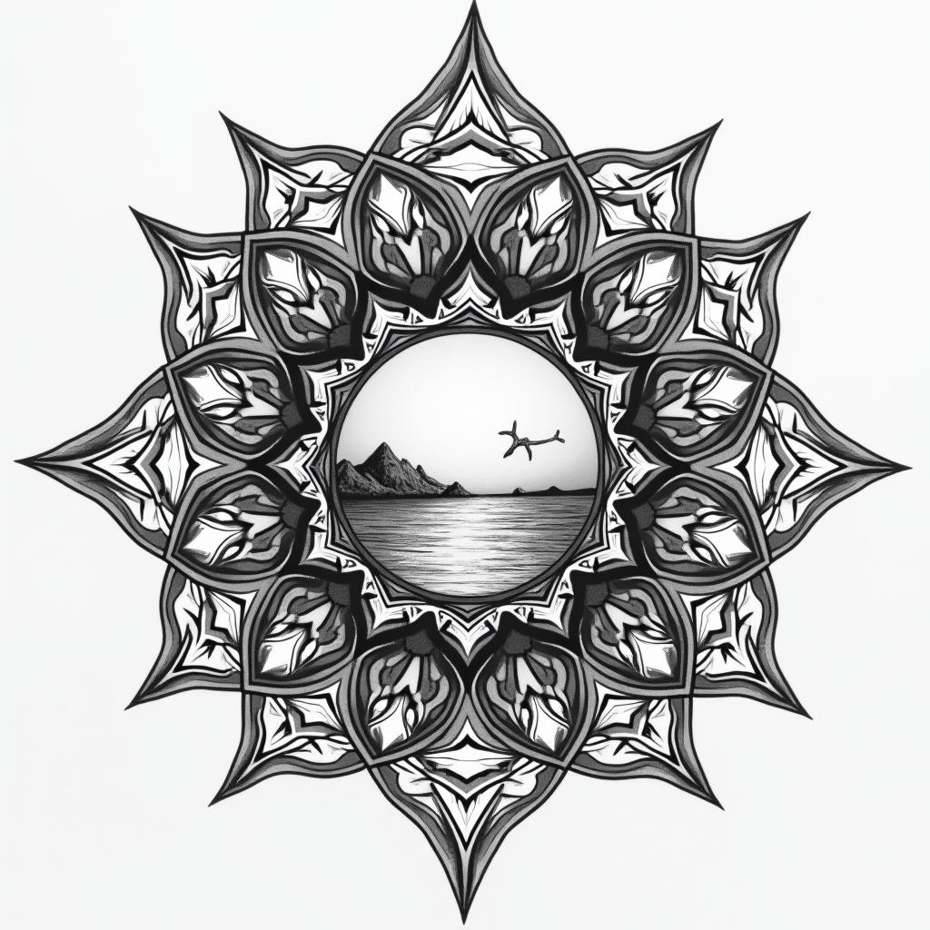 Inspired tattoo by my 3 sons, travel, beach, freedom, love and a worrior woman in geometric style tattoo, blending hexagons, mandala-inspired patterns, symmetrical and fractal design, clean lines, sharp angles - Variation 3