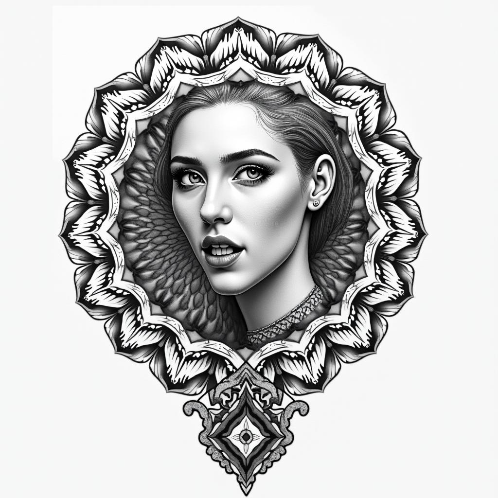 Inspired tattoo by my 3 sons, travel, beach, freedom, love and a worrior woman in geometric style tattoo, blending hexagons, mandala-inspired patterns, symmetrical and fractal design, clean lines, sharp angles - Variation 2