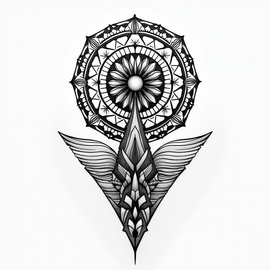 Inspired tattoo by my 3 sons, travel, beach, freedom, love and a worrior woman in geometric style tattoo, blending hexagons, mandala-inspired patterns, symmetrical and fractal design, clean lines, sharp angles - Variation 1