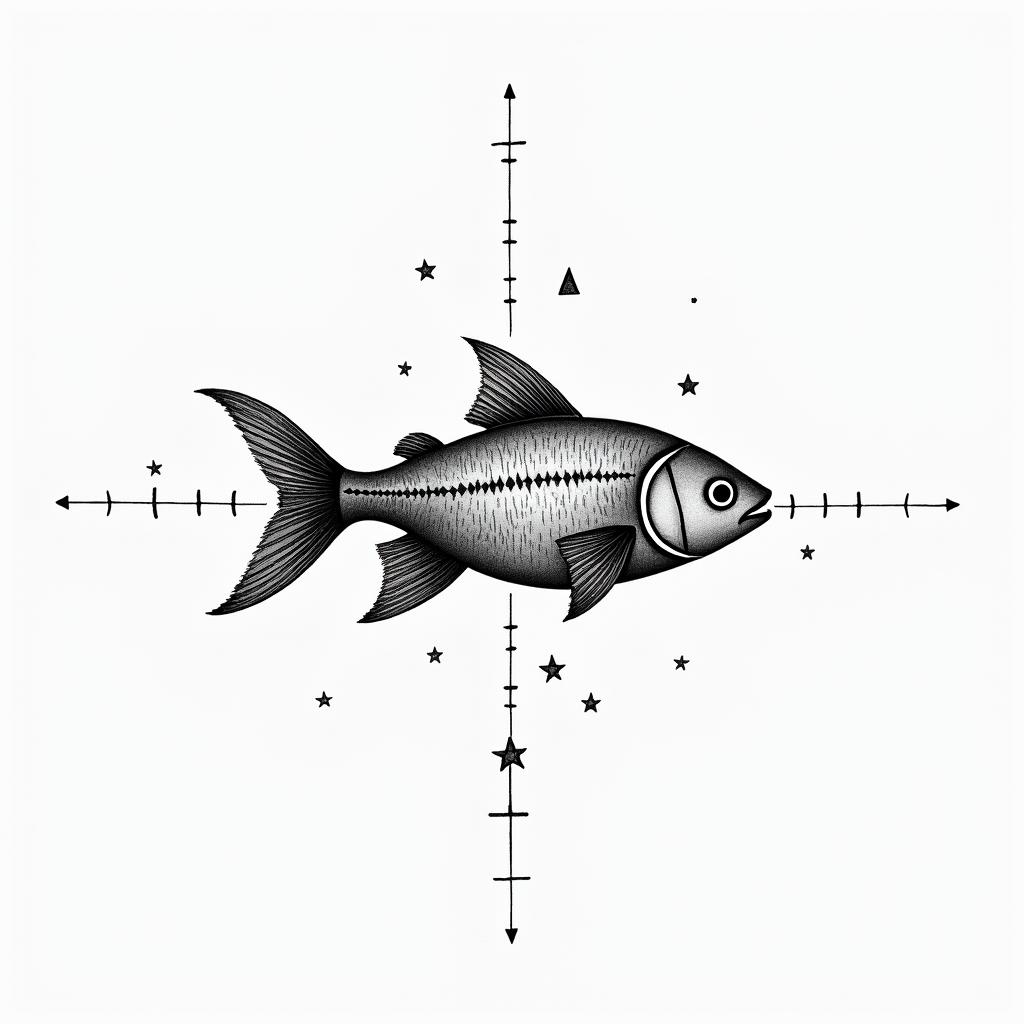 Maria, aquarium, Venezuelain minimalist style tattoo, featuring simple shapes and fine lines, with minimal shading and details, tiny triangles, creating a sense of balance and harmony - Variation 3