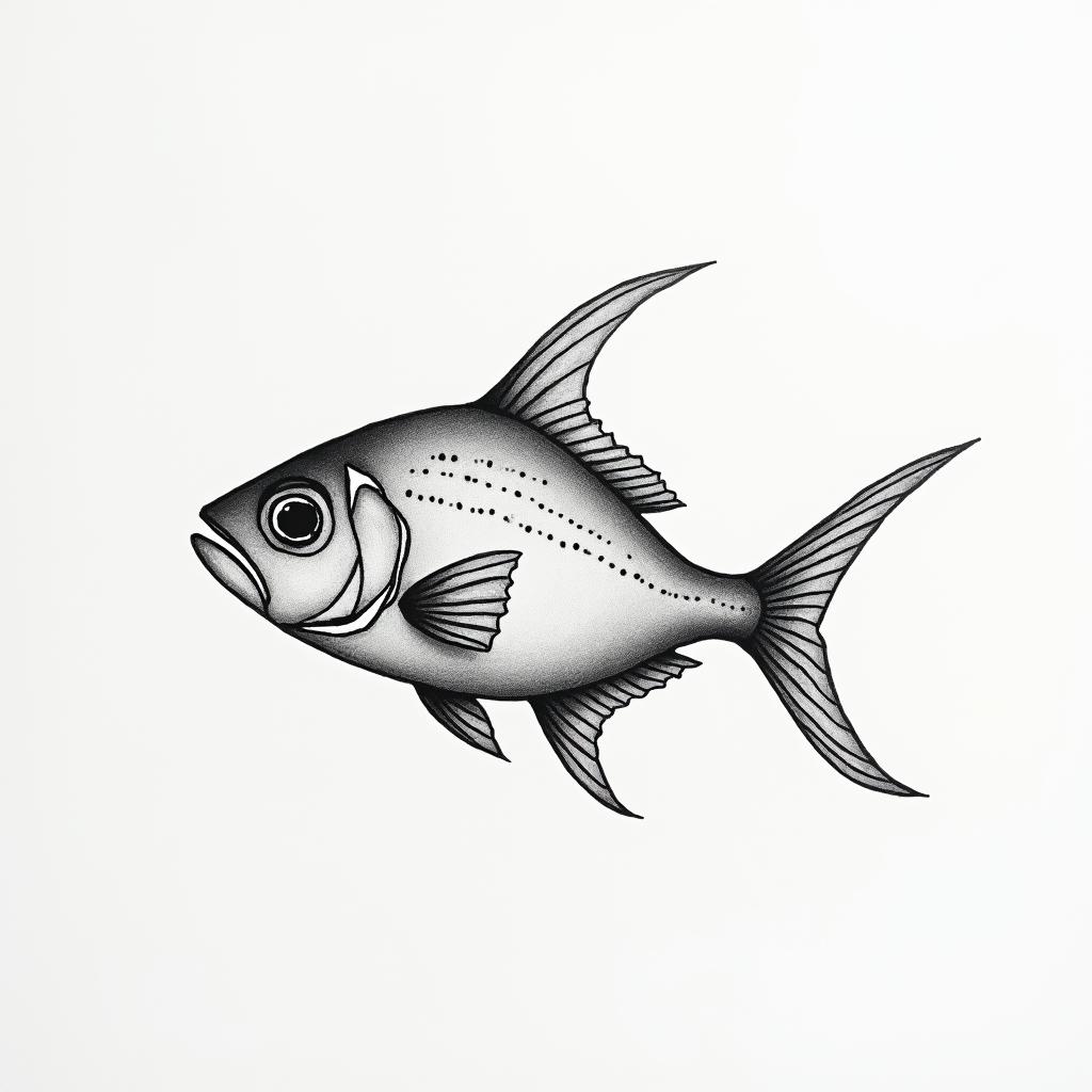Maria, aquarium, Venezuelain minimalist style tattoo, featuring simple shapes and fine lines, with minimal shading and details, tiny triangles, creating a sense of balance and harmony - Variation 4