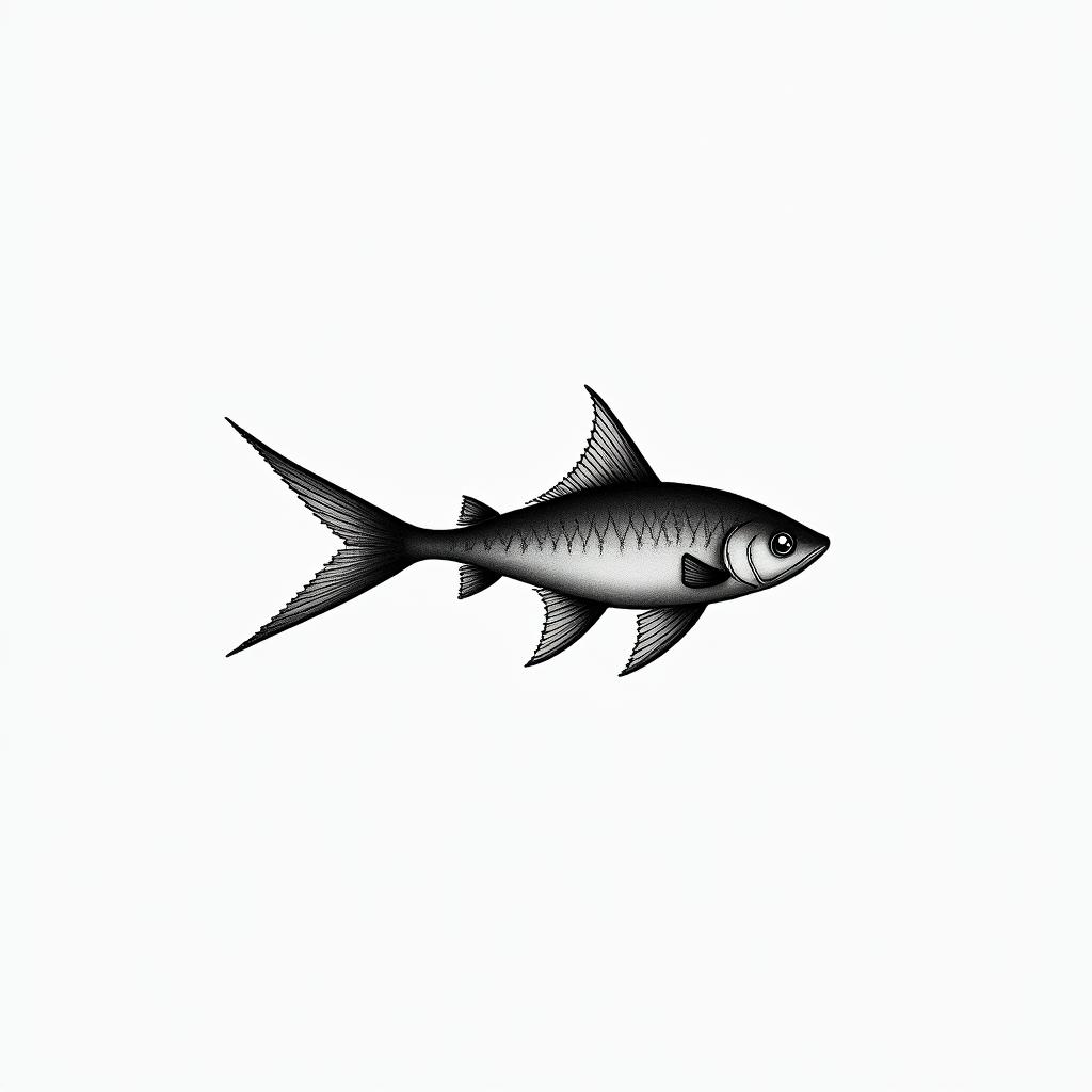 Maria, aquarium, Venezuelain minimalist style tattoo, featuring simple shapes and fine lines, with minimal shading and details, tiny triangles, creating a sense of balance and harmony