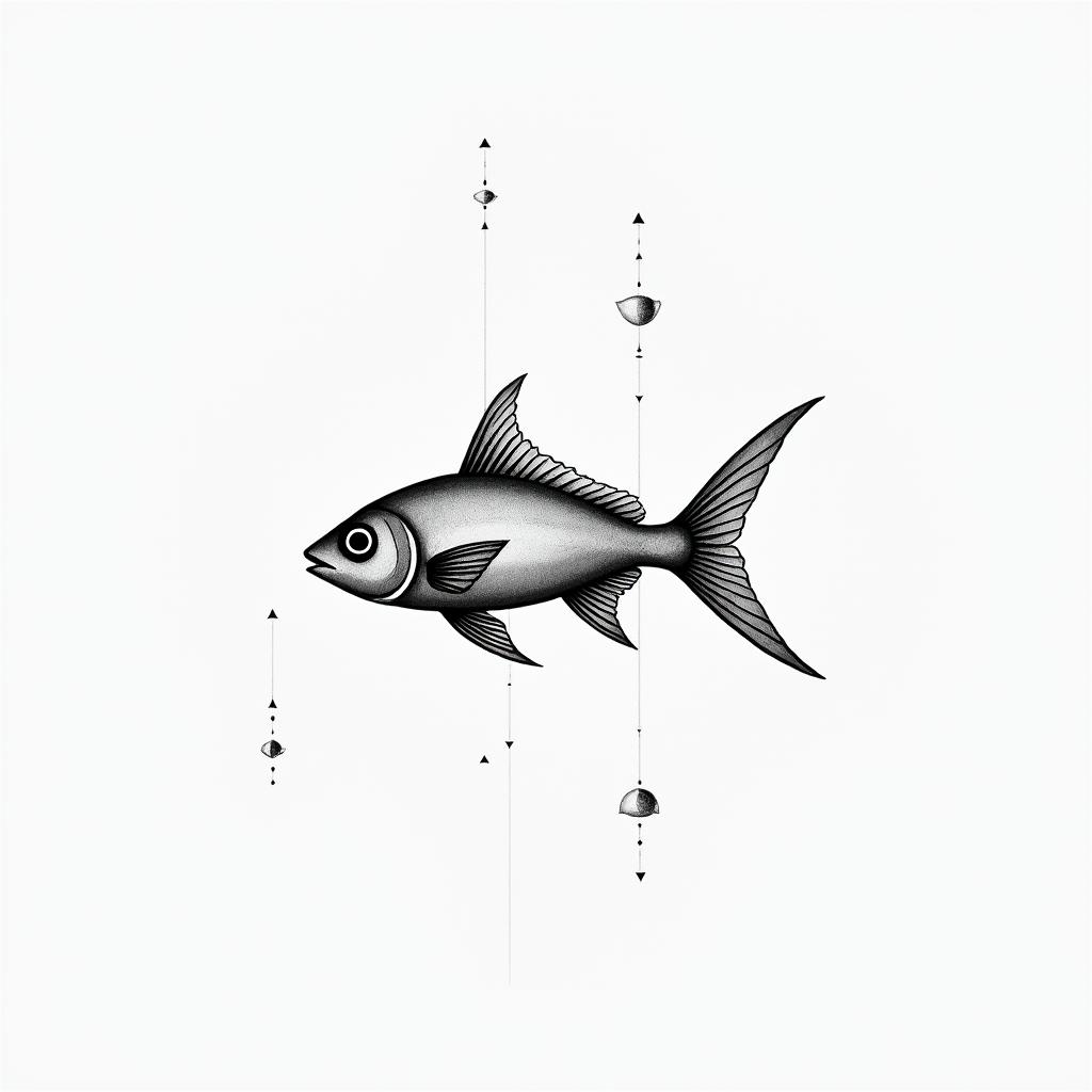 Maria, aquarium, Venezuelain minimalist style tattoo, featuring simple shapes and fine lines, with minimal shading and details, tiny triangles, creating a sense of balance and harmony - Variation 2