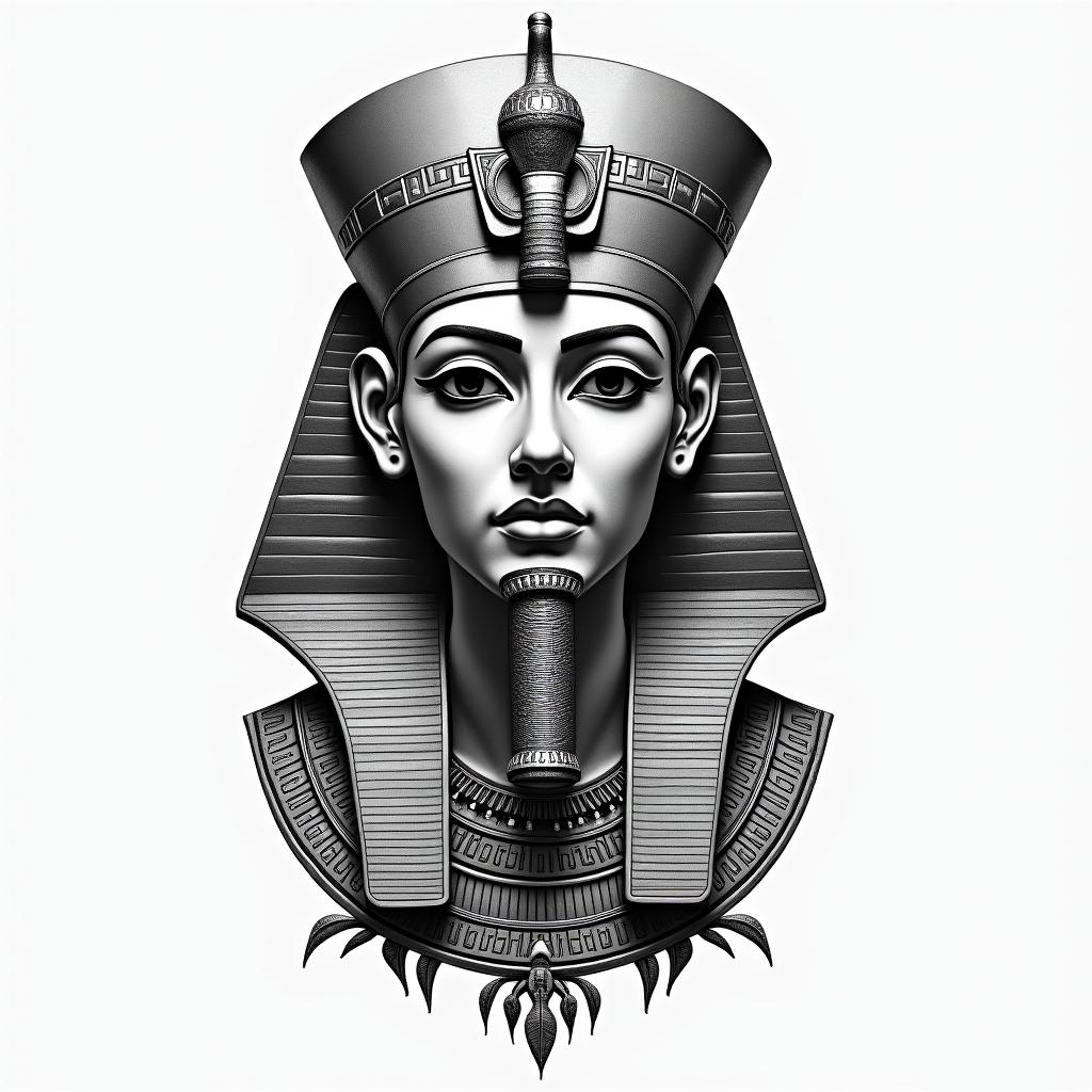 Teodoro, Libra, 1998in egyptian style tattoo, bold elements of ancient egyptian culture including a portrait of an Egyptian pharaoh with detailed facial features, in hieroglyphs and symbolic imagery, eye of horus, ankh symbol, scarab beetle - Variation 1