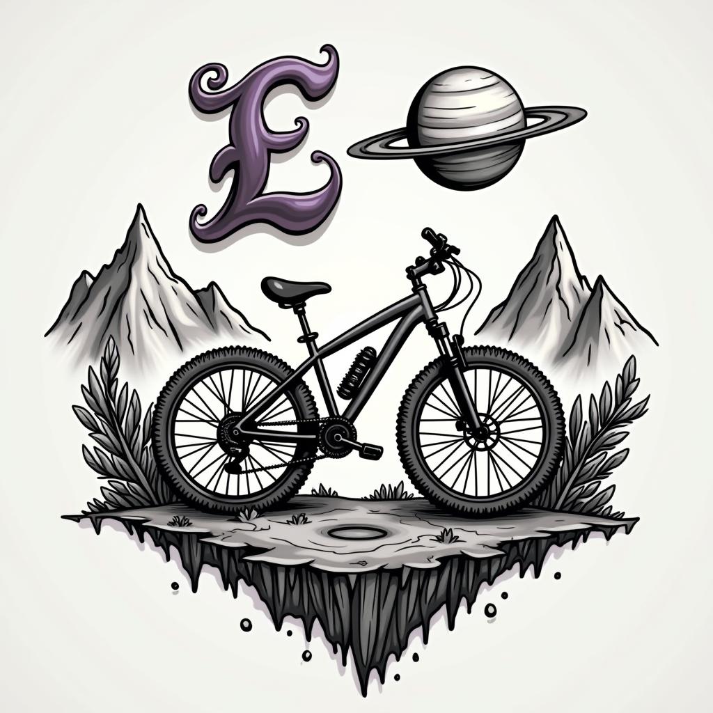 A detailed abstract mountain bike with the planet Saturn above it, symbolizing lost dreams of children with a beloved, surrounded by mountains and a cursive letter 'E' in purple and black colors in the sky, evoking feelings of love and hope.higly detailed tattoo - Variation 7