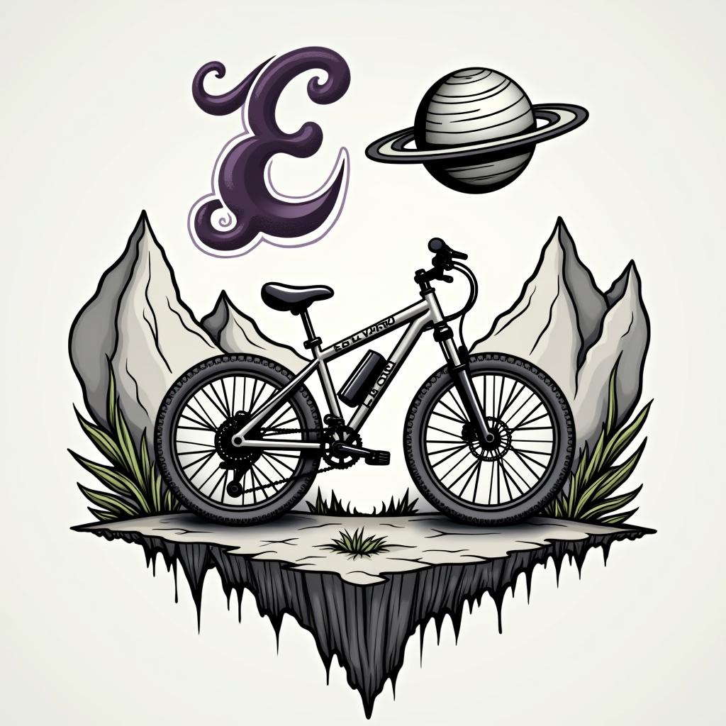A detailed abstract mountain bike with the planet Saturn above it, symbolizing lost dreams of children with a beloved, surrounded by mountains and a cursive letter 'E' in purple and black colors in the sky, evoking feelings of love and hope.higly detailed tattoo - Variation 3
