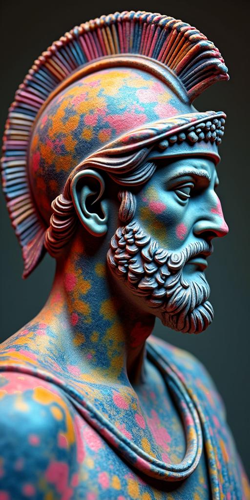 Roman helmet and triangulationin distorted and fragmented tattoo design, featuring a classical statue bust, in a glitch art style with vibrant, overlapping colors of cyan, magenta, and yellow, creating a digital distortion effect - Variation 4