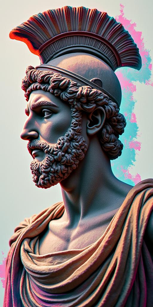 Roman helmet and triangulationin distorted and fragmented tattoo design, featuring a classical statue bust, in a glitch art style with vibrant, overlapping colors of cyan, magenta, and yellow, creating a digital distortion effect - Variation 3