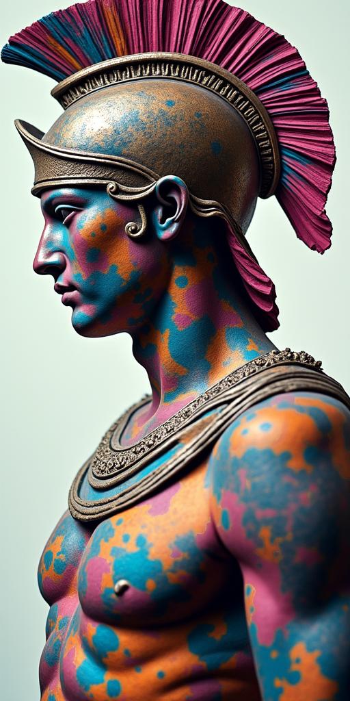 Roman helmet and triangulationin distorted and fragmented tattoo design, featuring a classical statue bust, in a glitch art style with vibrant, overlapping colors of cyan, magenta, and yellow, creating a digital distortion effect - Variation 2