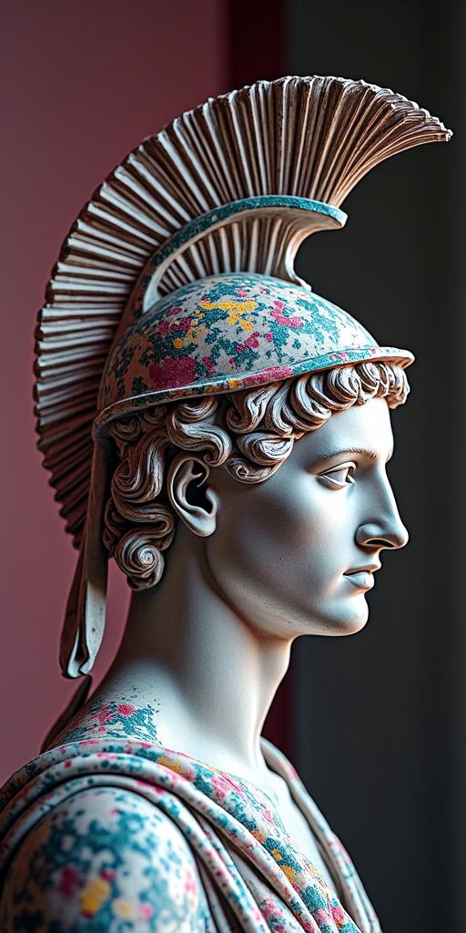 Roman helmet and triangulationin distorted and fragmented tattoo design, featuring a classical statue bust, in a glitch art style with vibrant, overlapping colors of cyan, magenta, and yellow, creating a digital distortion effect