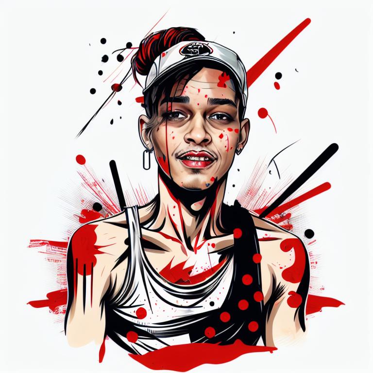 trash polka tattoo style, showcasing bold black and red ink with dynamic brush strokes and splatters. Incorporates abstract elements and expressive, chaotic lines on a solid white background. Detailed design with a high-contrast soft colored near white toned look, blending realism and abstraction to create an intense visual impactundefined - Variation 28