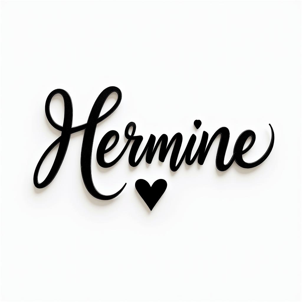 Herminein elegant cursive calligraphy style 2d tattoo, decorate with roses, featuring a smooth and flowing handwritten script with slightly thickened strokes for a luxurious and bold appearance,  heart symbol between names,  sleek and glossy black text with shadowing, minimalist matte white background, clean and sharp edges, illuminated with soft lighting, romantic, 8k, high-quality textures with refined typography - Variation 9