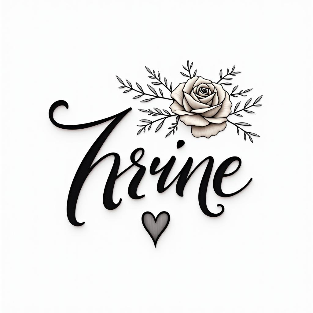Herminein elegant cursive calligraphy style 2d tattoo, decorate with roses, featuring a smooth and flowing handwritten script with slightly thickened strokes for a luxurious and bold appearance,  heart symbol between names,  sleek and glossy black text with shadowing, minimalist matte white background, clean and sharp edges, illuminated with soft lighting, romantic, 8k, high-quality textures with refined typography - Variation 11