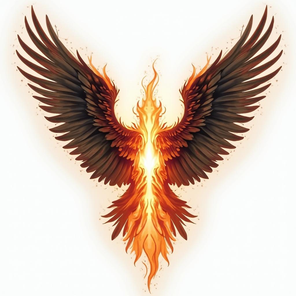 "Against broken wings":
This part establishes the context of facing hardship or setbacks, often represented by the imagery of "broken wings," which could symbolize physical or emotional wounds.
"A front afraid":
This highlights the initial apprehension or fear associated with attempting to overcome these obstacles.
"Rise anew":
This signifies the eventual triumph and renewal that comes from facing adversity and finding the strength to overcome the challenges.in flame tattoo style showcasing fiery elements with dynamic flame patterns, glowing effect of flames, natural colors - Variation 2