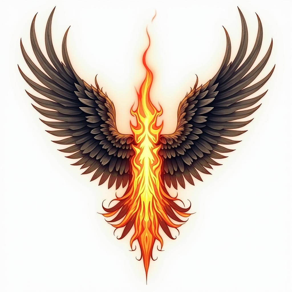 "Against broken wings":
This part establishes the context of facing hardship or setbacks, often represented by the imagery of "broken wings," which could symbolize physical or emotional wounds.
"A front afraid":
This highlights the initial apprehension or fear associated with attempting to overcome these obstacles.
"Rise anew":
This signifies the eventual triumph and renewal that comes from facing adversity and finding the strength to overcome the challenges.in flame tattoo style showcasing fiery elements with dynamic flame patterns, glowing effect of flames, natural colors - Variation 3