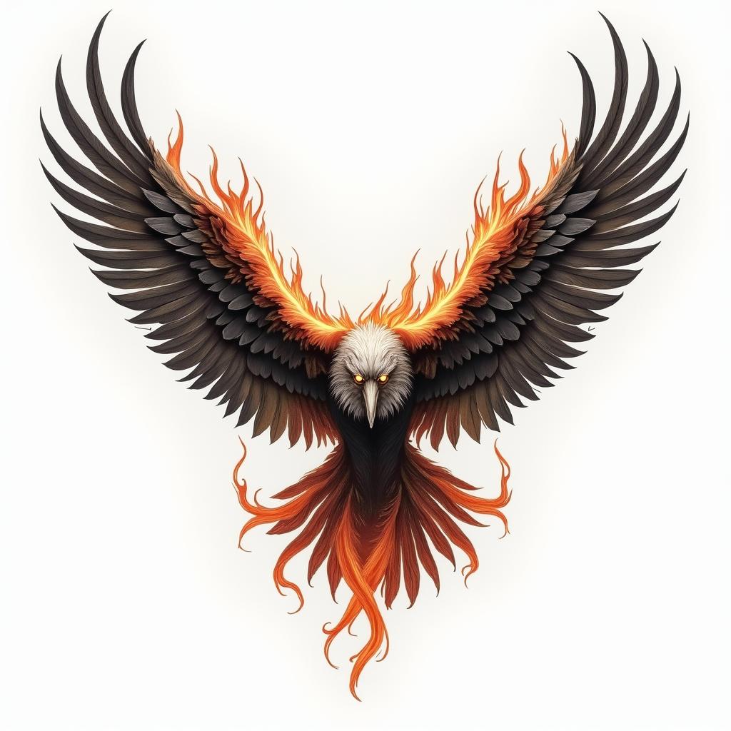 "Against broken wings":
This part establishes the context of facing hardship or setbacks, often represented by the imagery of "broken wings," which could symbolize physical or emotional wounds.
"A front afraid":
This highlights the initial apprehension or fear associated with attempting to overcome these obstacles.
"Rise anew":
This signifies the eventual triumph and renewal that comes from facing adversity and finding the strength to overcome the challenges.in flame tattoo style showcasing fiery elements with dynamic flame patterns, glowing effect of flames, natural colors