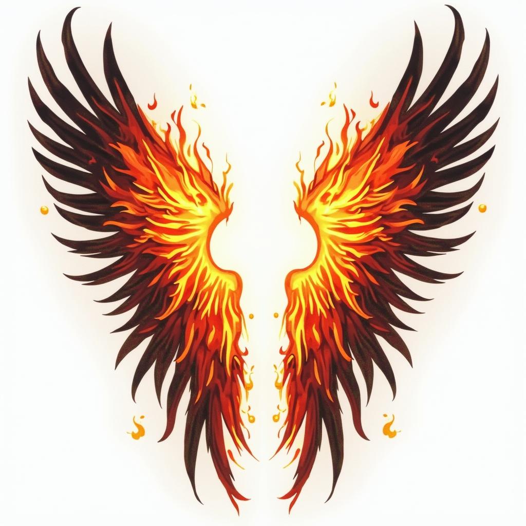 "Against broken wings":
This part establishes the context of facing hardship or setbacks, often represented by the imagery of "broken wings," which could symbolize physical or emotional wounds.
"A front afraid":
This highlights the initial apprehension or fear associated with attempting to overcome these obstacles.
"Rise anew":
This signifies the eventual triumph and renewal that comes from facing adversity and finding the strength to overcome the challenges.in flame tattoo style showcasing fiery elements with dynamic flame patterns, glowing effect of flames, natural colors - Variation 4