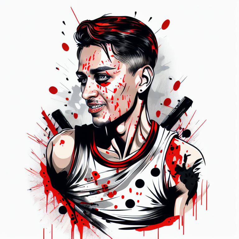 trash polka tattoo style, showcasing bold black and red ink with dynamic brush strokes and splatters. Incorporates abstract elements and expressive, chaotic lines on a solid white background. Detailed design with a high-contrast soft colored near white toned look, blending realism and abstraction to create an intense visual impactundefined - Variation 21