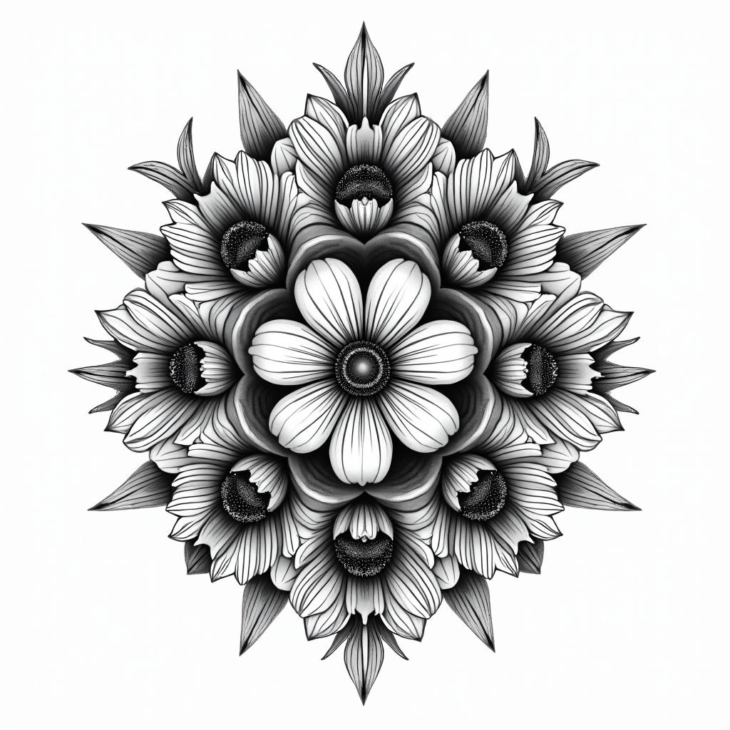 Hex hive structure with bees, gladiolus and poppyin ornamental tattoo style, featuring intricate symmetrical patterns and floral designs, showcasing highly detailed line work and geometric shapes, creating a sense of elegance and balance - Variation 2