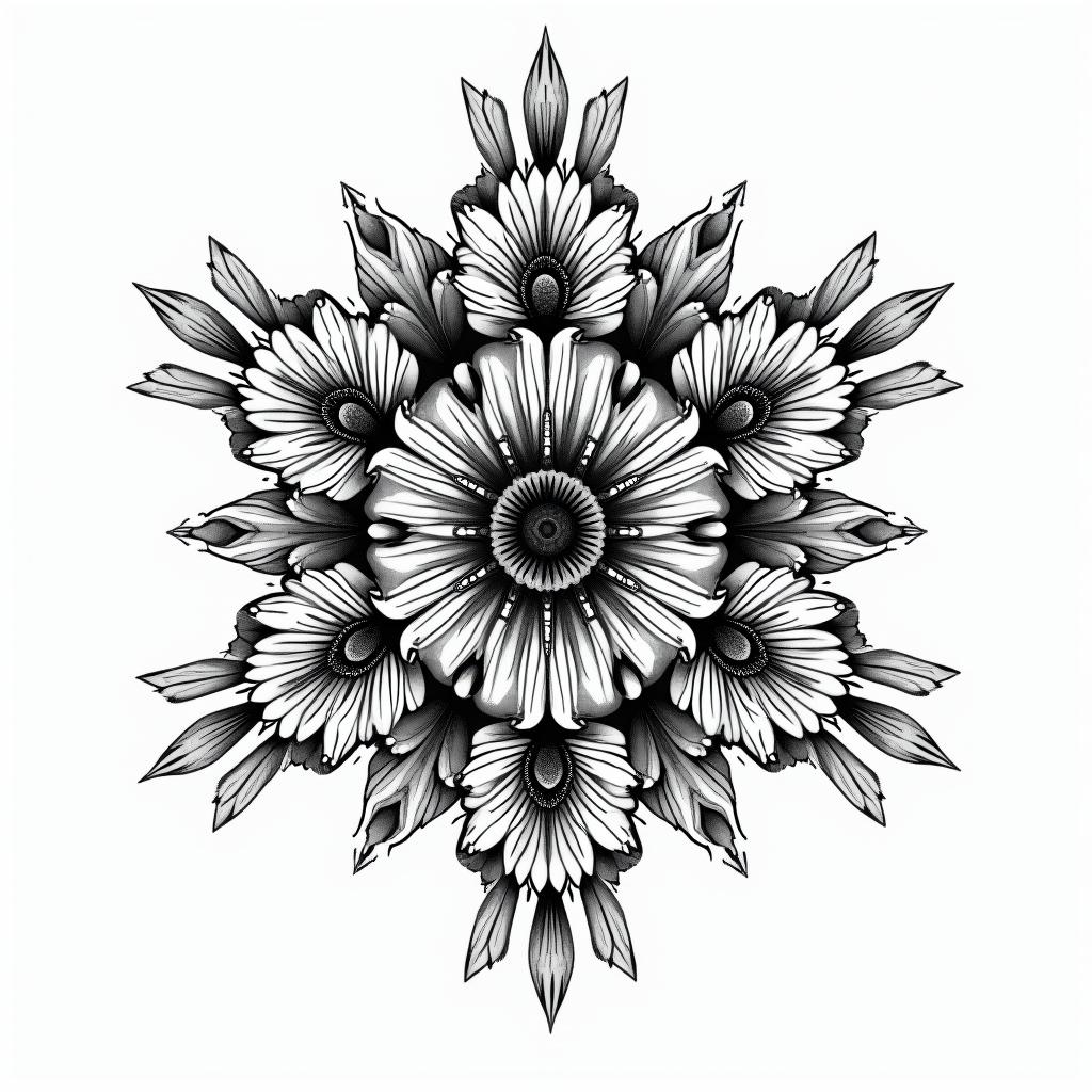 Hex hive structure with bees, gladiolus and poppyin ornamental tattoo style, featuring intricate symmetrical patterns and floral designs, showcasing highly detailed line work and geometric shapes, creating a sense of elegance and balance - Variation 3