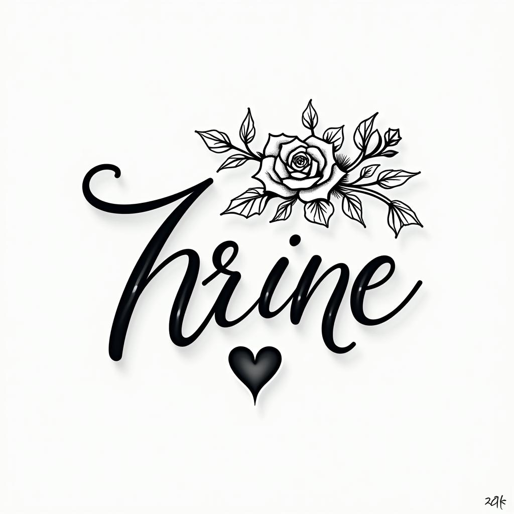 Herminein elegant cursive calligraphy style 2d tattoo, decorate with roses, featuring a smooth and flowing handwritten script with slightly thickened strokes for a luxurious and bold appearance,  heart symbol between names,  sleek and glossy black text with shadowing, minimalist matte white background, clean and sharp edges, illuminated with soft lighting, romantic, 8k, high-quality textures with refined typography - Variation 8