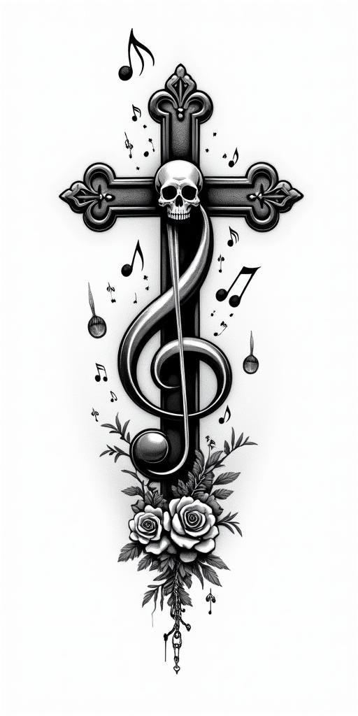 Floating  music notesin chicano style tattoo, featuring intricate black and grey shading, bold elements of traditional chicano culture symbols, add a big cross with skull, chains and roses - Variation 3