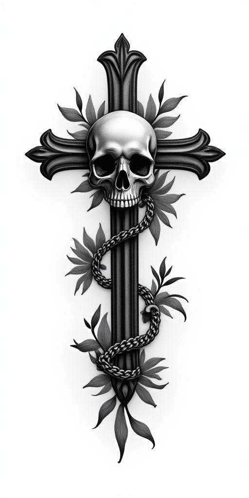 Floating  music notesin chicano style tattoo, featuring intricate black and grey shading, bold elements of traditional chicano culture symbols, add a big cross with skull, chains and roses