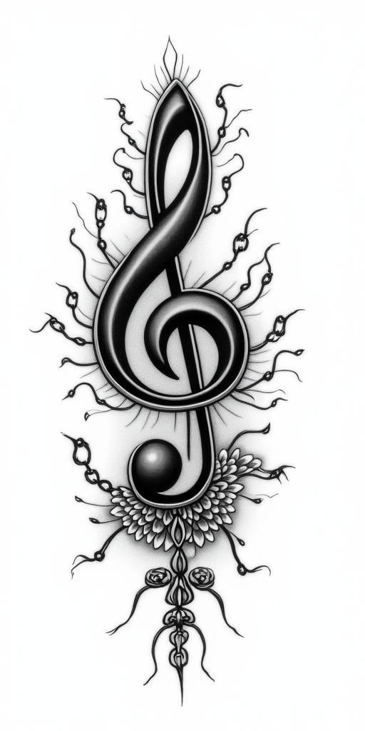 Floating  music notesin chicano style tattoo, featuring intricate black and grey shading, bold elements of traditional chicano culture symbols, add a big cross with skull, chains and roses - Variation 2