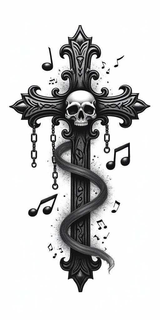 Floating  music notesin chicano style tattoo, featuring intricate black and grey shading, bold elements of traditional chicano culture symbols, add a big cross with skull, chains and roses - Variation 4
